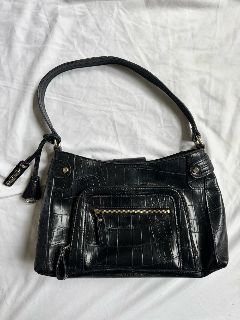 90s Liz Claiborne Black Croc-Embossed Leather Shoulder Bag